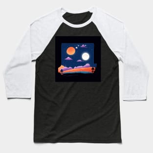 A whimsical cartoon landscape of a starry night sky with a bright full moon illuminating the landscape with in a box Baseball T-Shirt